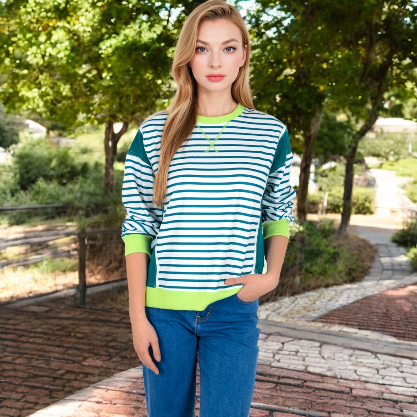 Anna-Kaci Women's Striped Crew Neck Sweatshirt with Contrast Sleeves