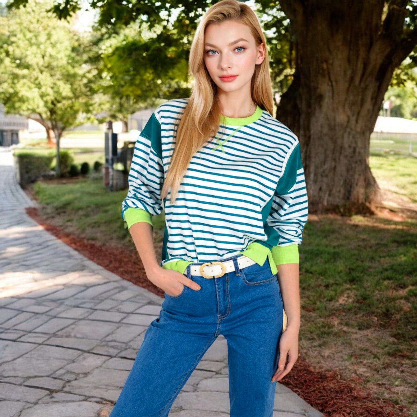 Anna-Kaci Women's Striped Crew Neck Sweatshirt with Contrast Sleeves