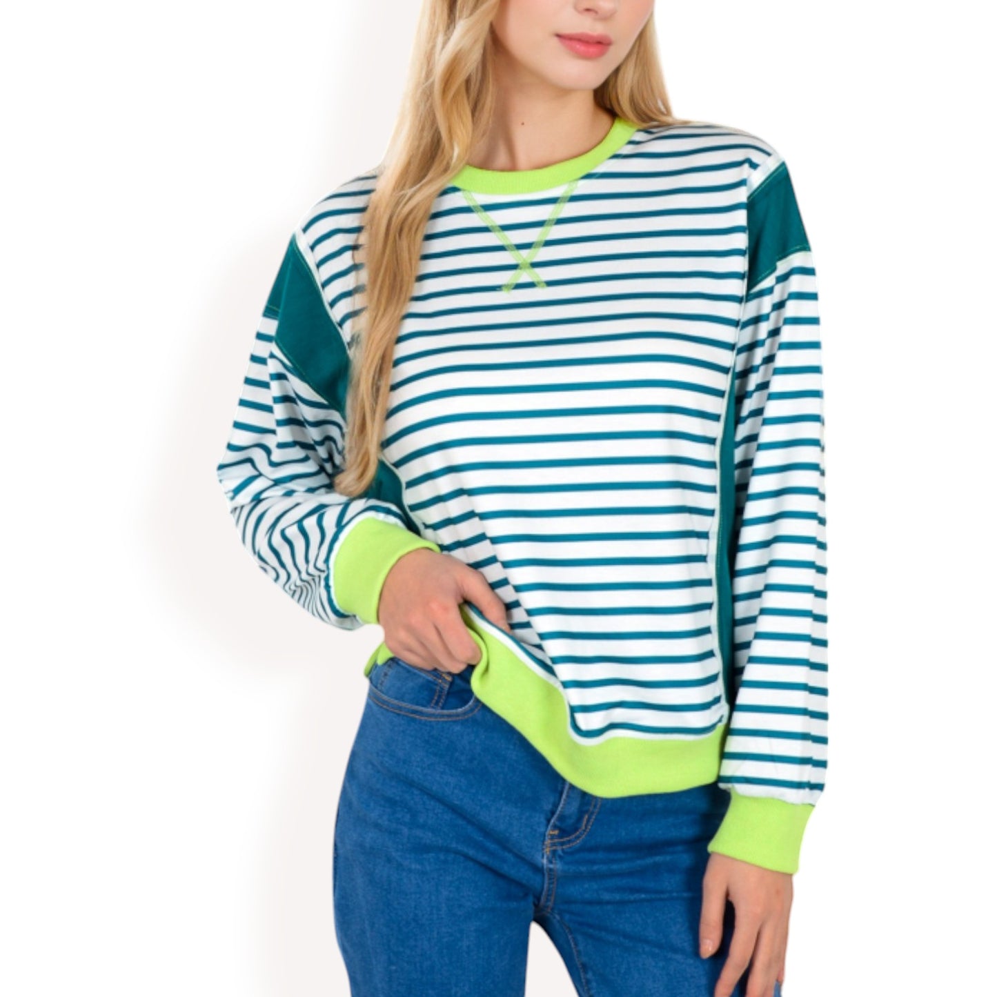 Anna-Kaci Women's Striped Crew Neck Sweatshirt with Contrast Sleeves