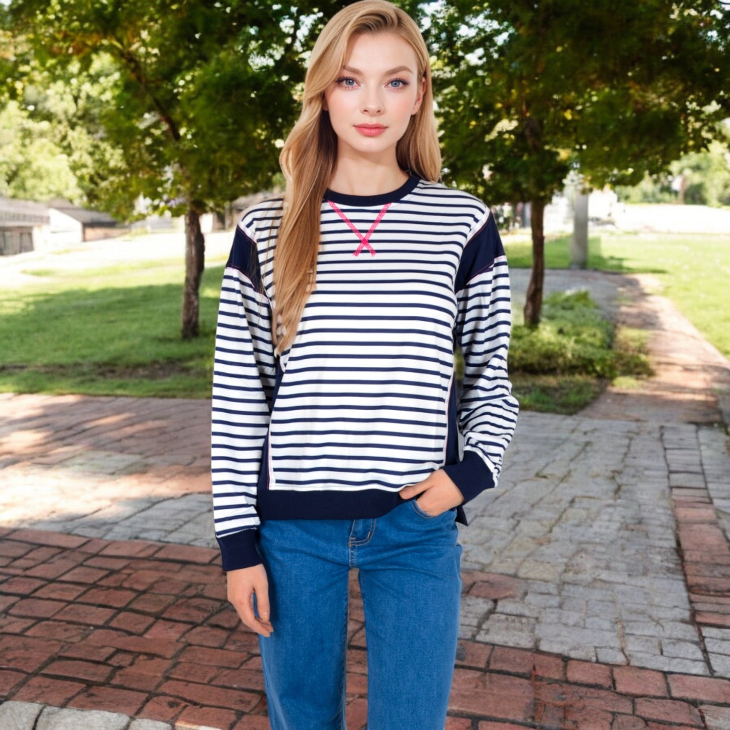 Anna-Kaci Women's Striped Crew Neck Sweatshirt with Contrast Sleeves