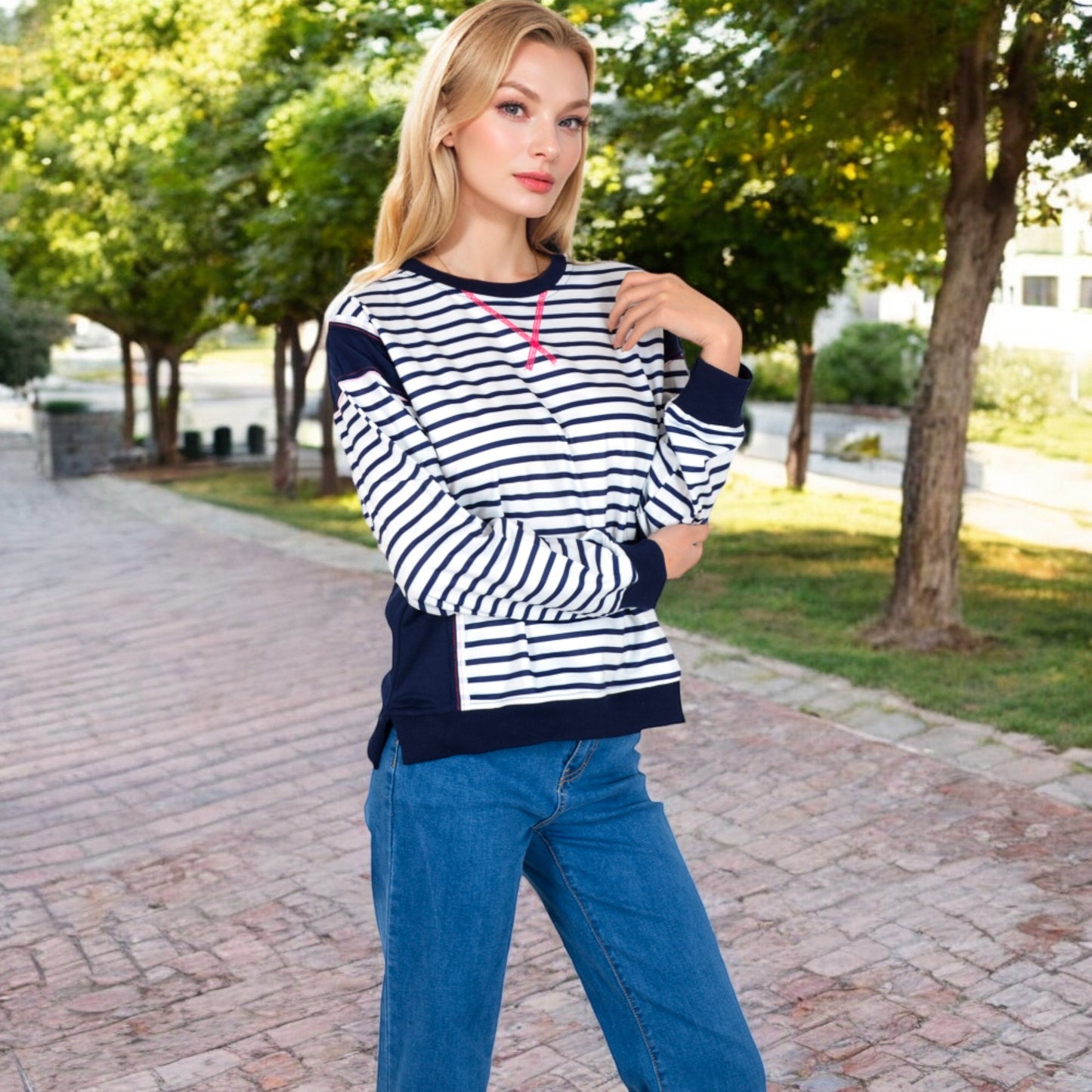 Anna-Kaci Women's Striped Crew Neck Sweatshirt with Contrast Sleeves