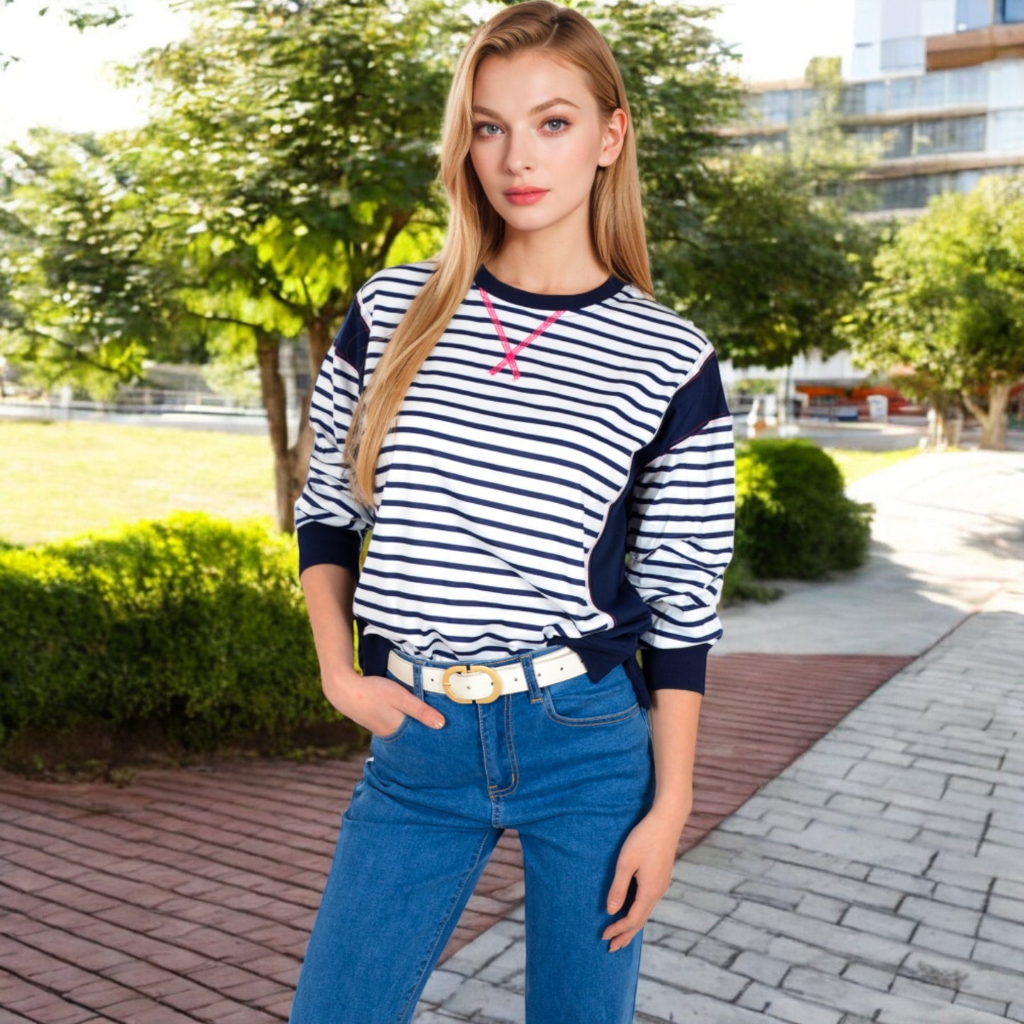 Anna-Kaci Women's Striped Crew Neck Sweatshirt with Contrast Sleeves