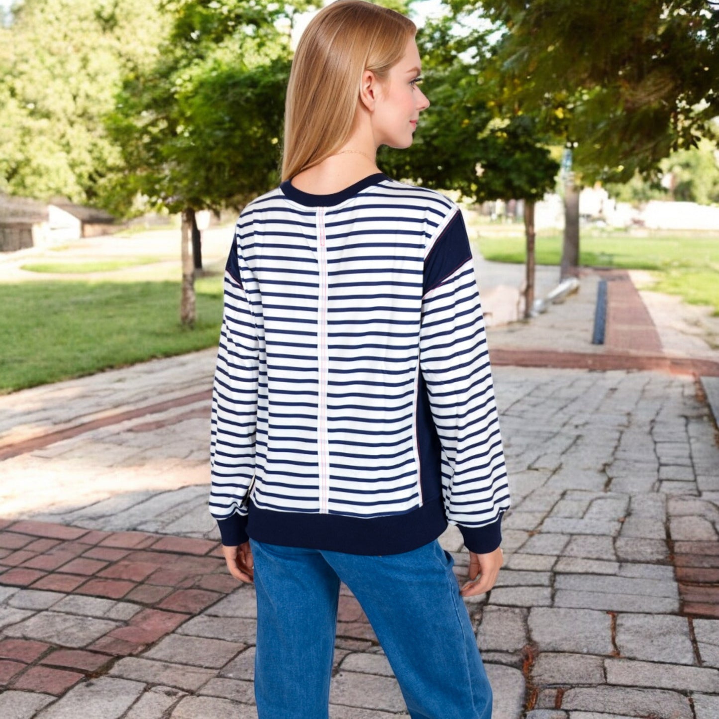 Anna-Kaci Women's Striped Crew Neck Sweatshirt with Contrast Sleeves