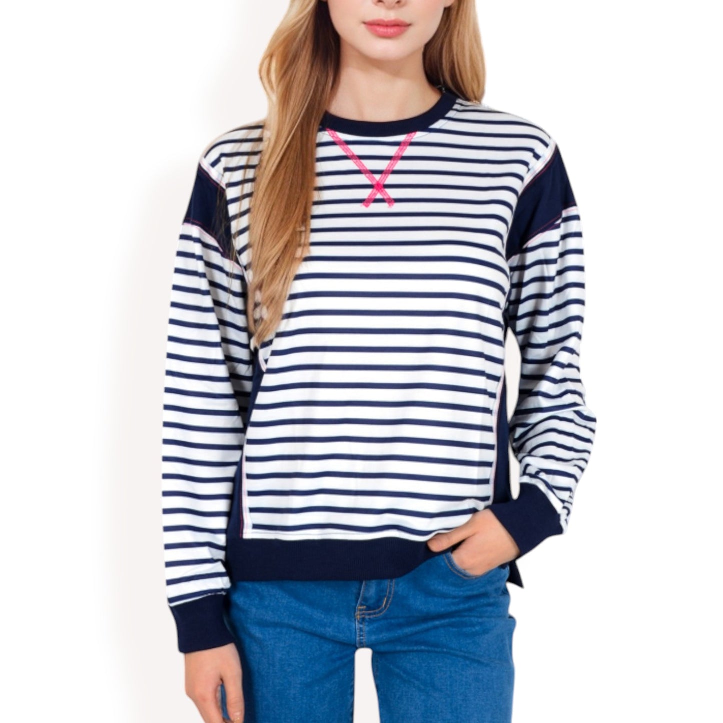 Anna-Kaci Women's Striped Crew Neck Sweatshirt with Contrast Sleeves