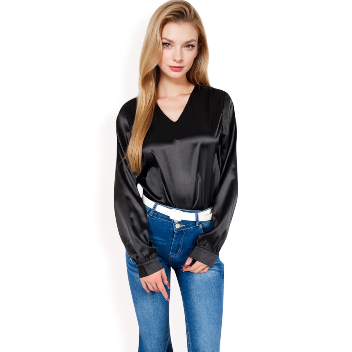 Anna-Kaci Women's Satin Long Sleeve V-Neck Blouse with Cuffed Sleeves