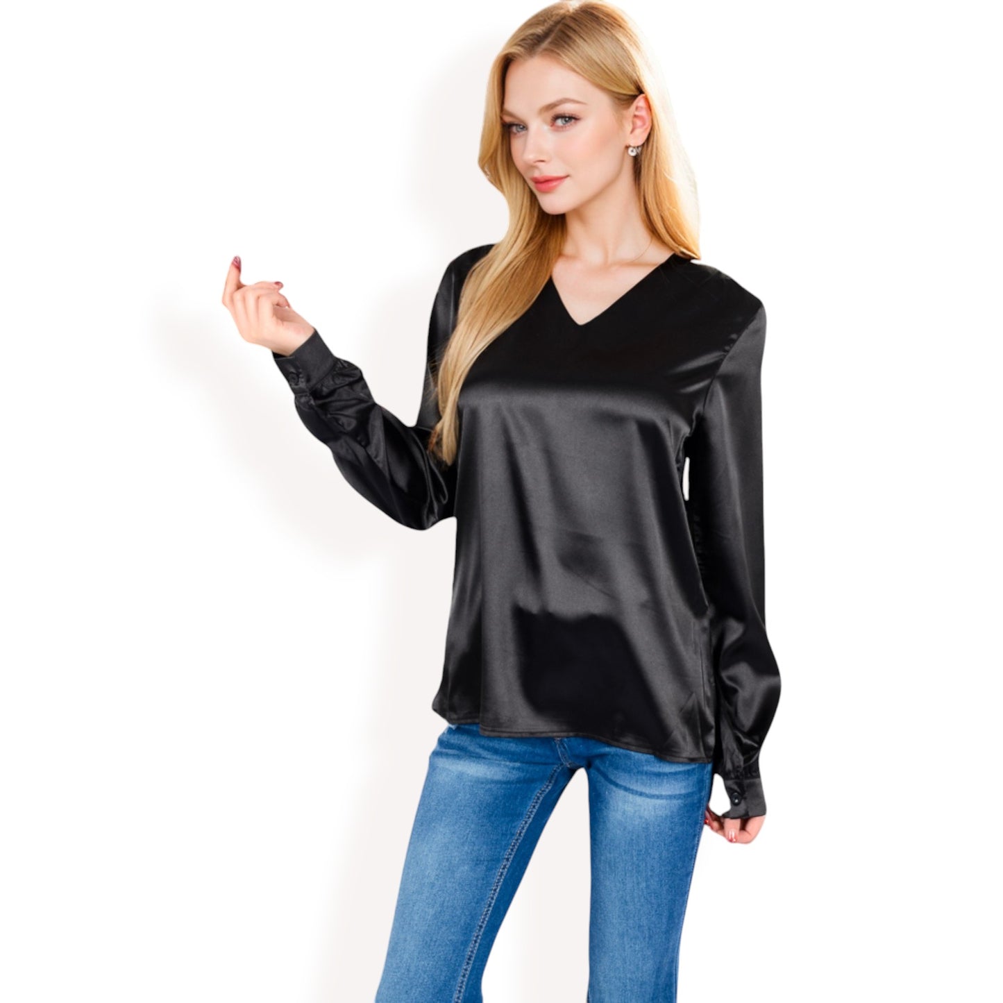 Anna-Kaci Women's Satin Long Sleeve V-Neck Blouse with Cuffed Sleeves