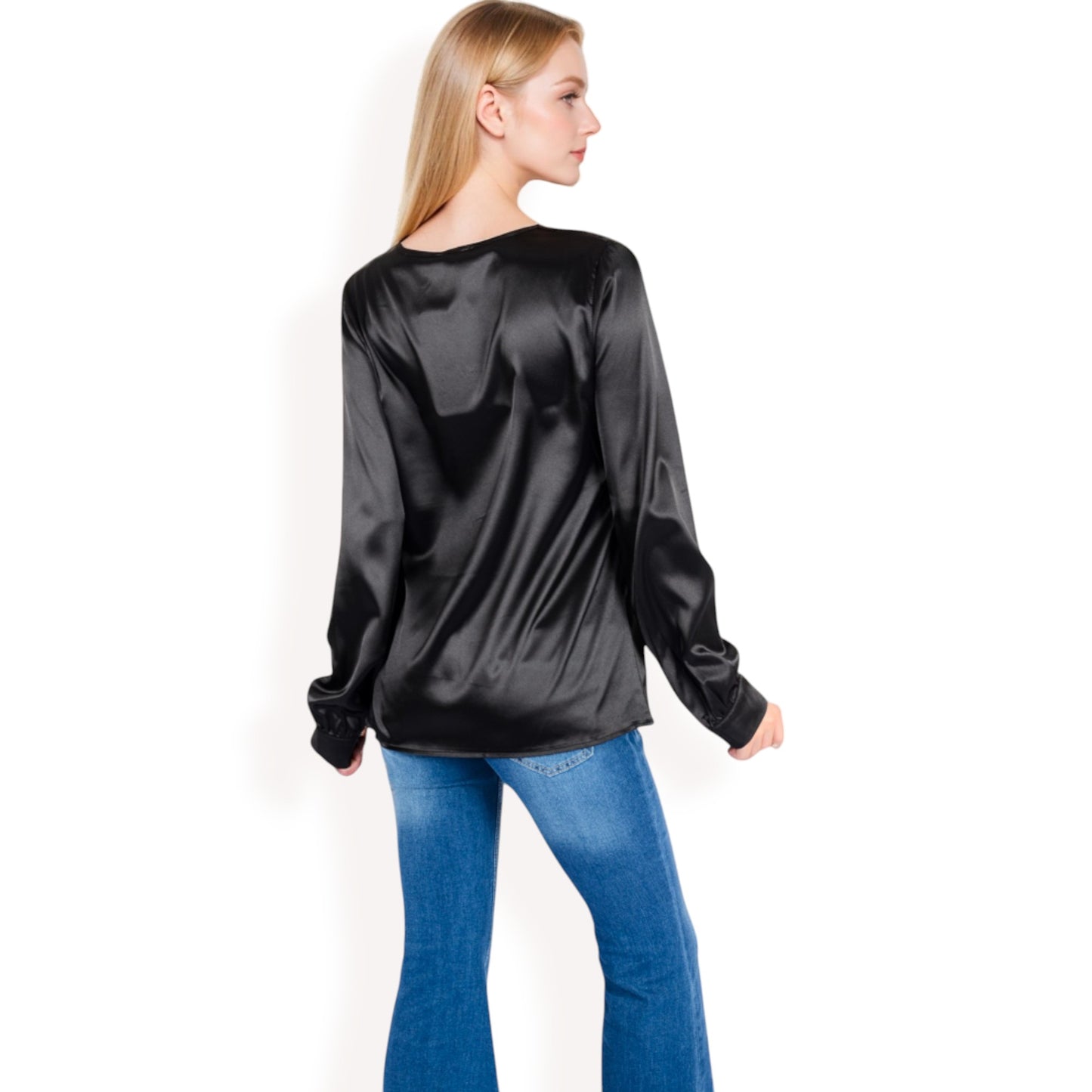Anna-Kaci Women's Satin Long Sleeve V-Neck Blouse with Cuffed Sleeves