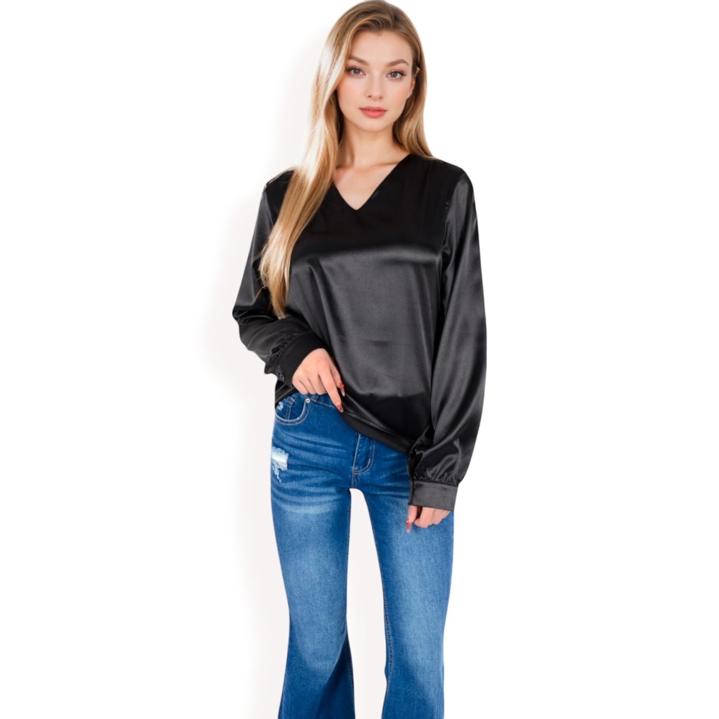 Anna-Kaci Women's Satin Long Sleeve V-Neck Blouse with Cuffed Sleeves