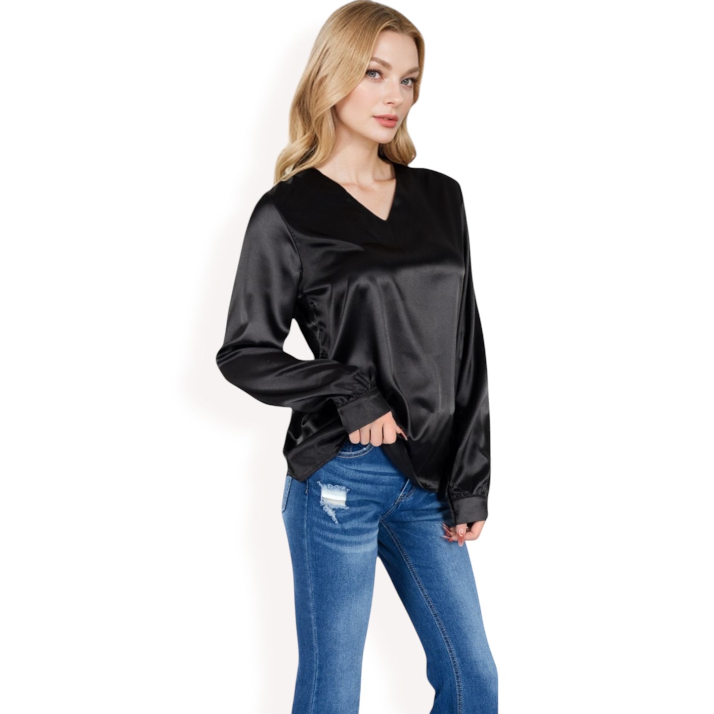 Anna-Kaci Women's Satin Long Sleeve V-Neck Blouse with Cuffed Sleeves
