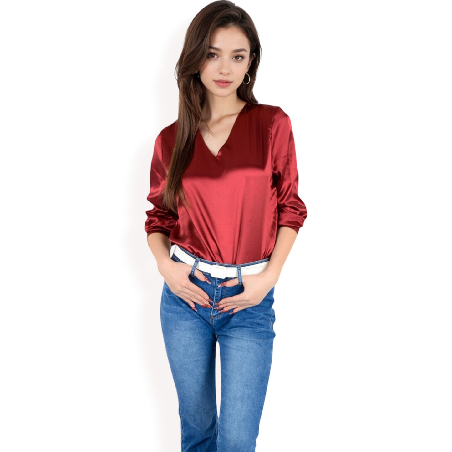 Anna-Kaci Women's Satin Long Sleeve V-Neck Blouse with Cuffed Sleeves
