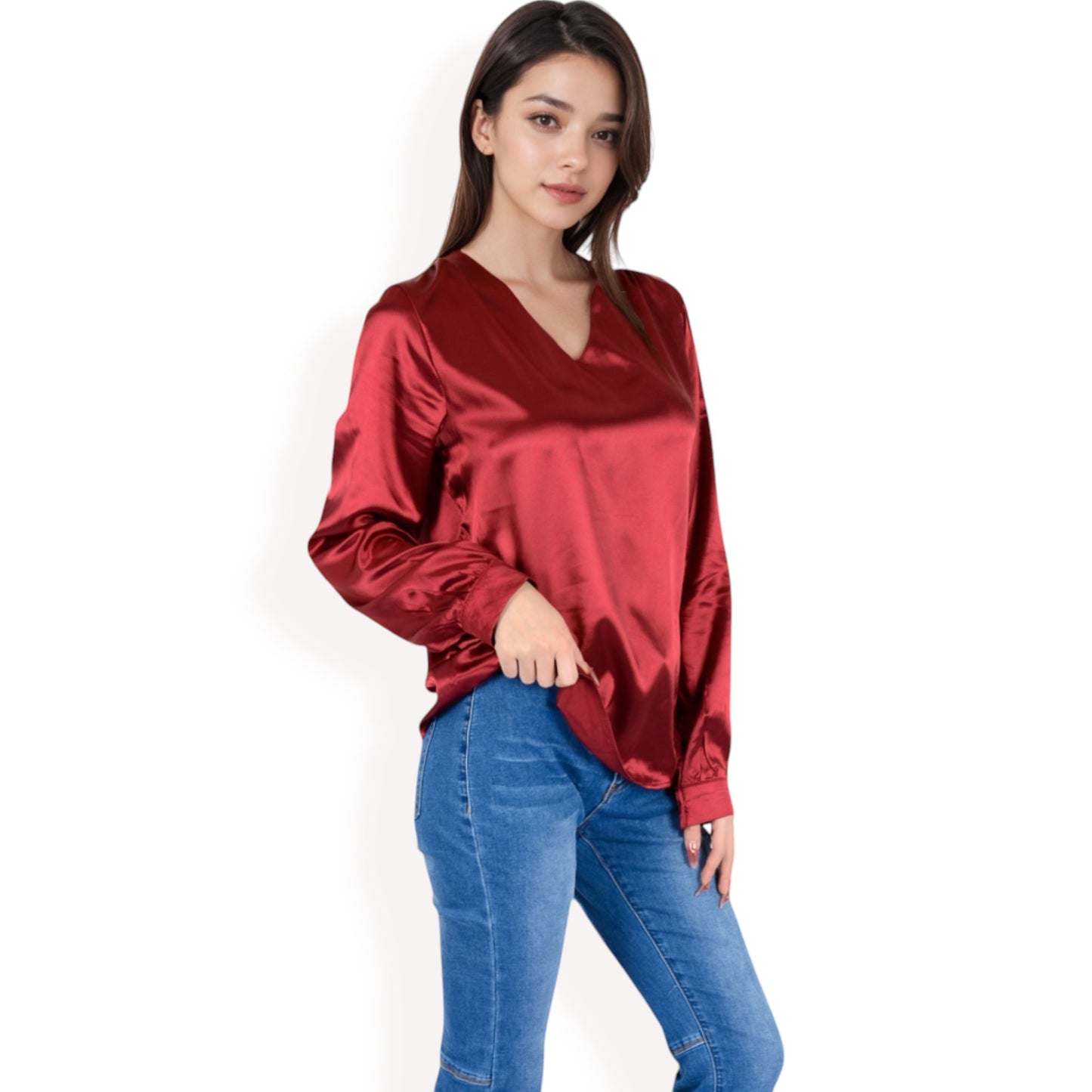 Anna-Kaci Women's Satin Long Sleeve V-Neck Blouse with Cuffed Sleeves