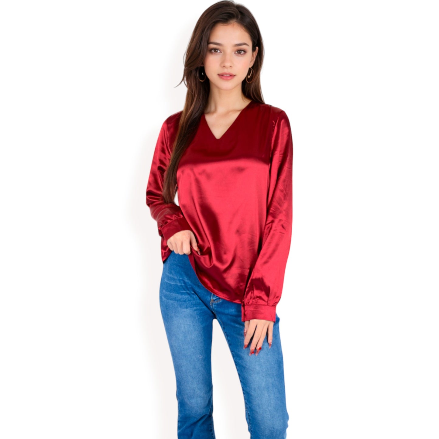 Anna-Kaci Women's Satin Long Sleeve V-Neck Blouse with Cuffed Sleeves