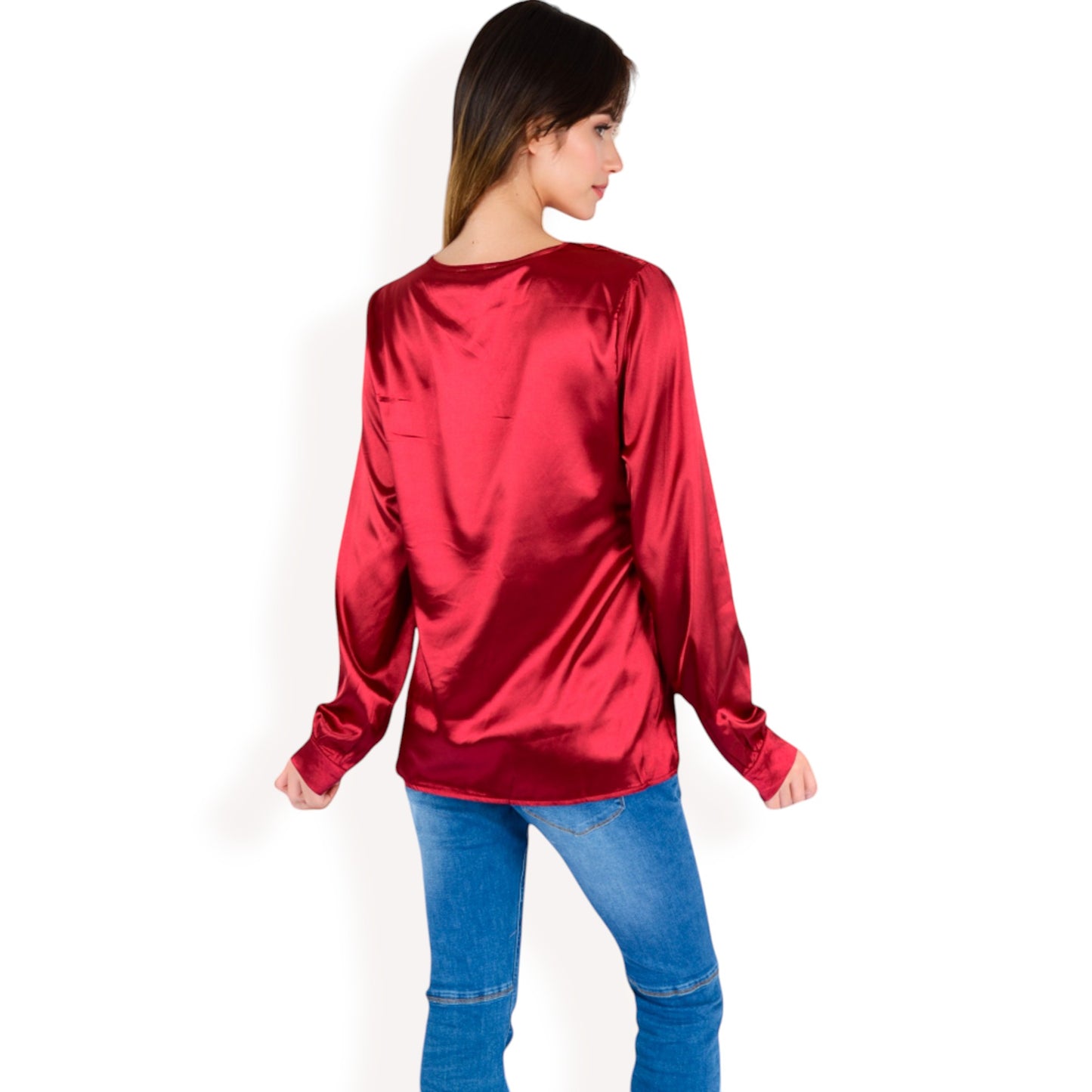 Anna-Kaci Women's Satin Long Sleeve V-Neck Blouse with Cuffed Sleeves