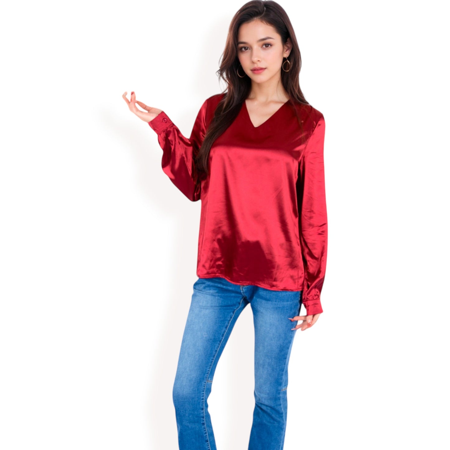 Anna-Kaci Women's Satin Long Sleeve V-Neck Blouse with Cuffed Sleeves