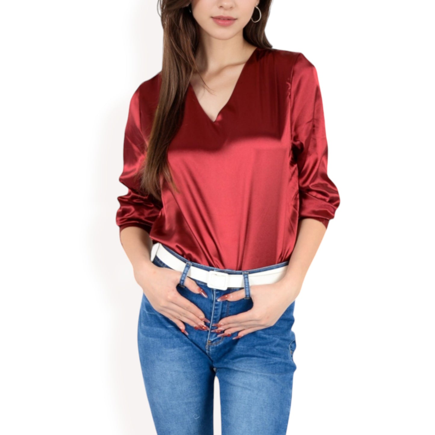 Anna-Kaci Women's Satin Long Sleeve V-Neck Blouse with Cuffed Sleeves