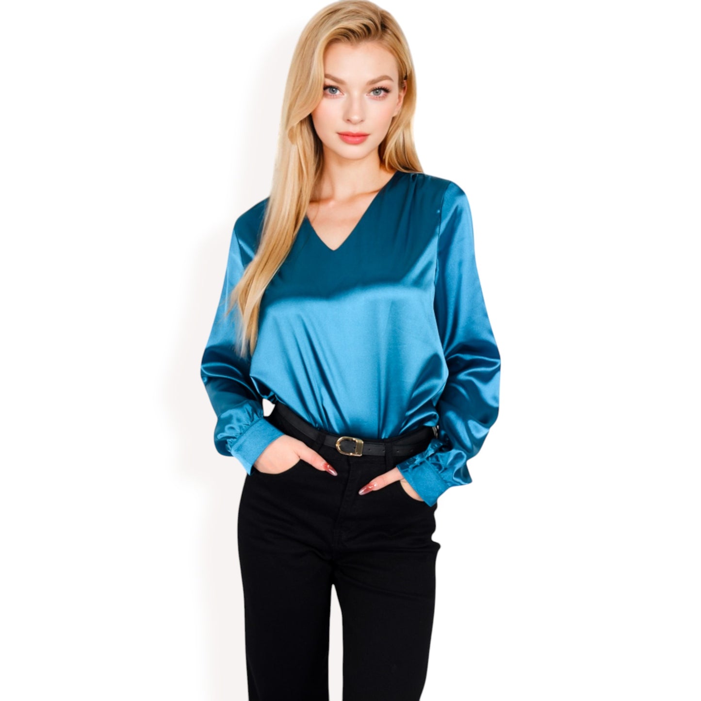 Anna-Kaci Women's Satin Long Sleeve V-Neck Blouse with Cuffed Sleeves