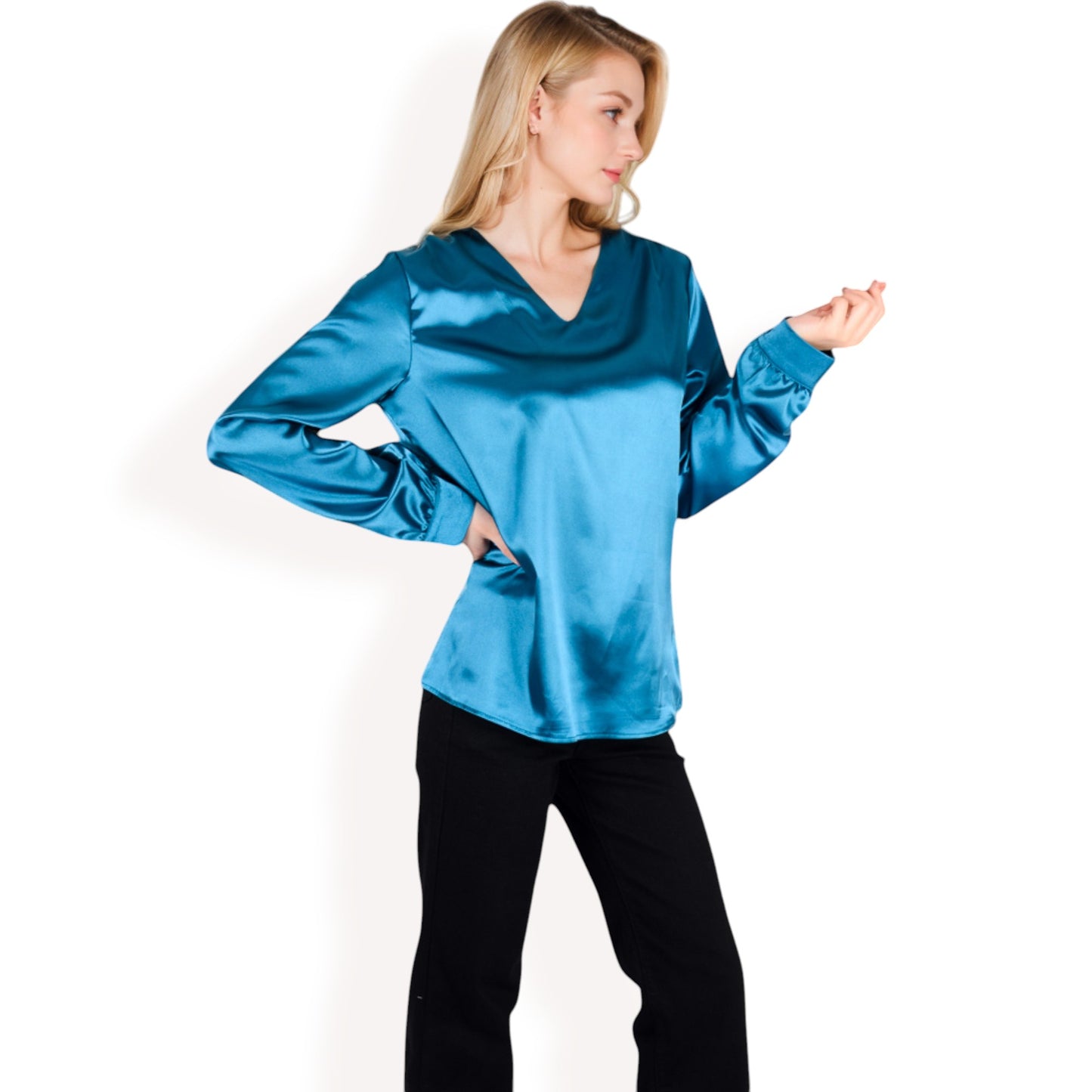 Anna-Kaci Women's Satin Long Sleeve V-Neck Blouse with Cuffed Sleeves