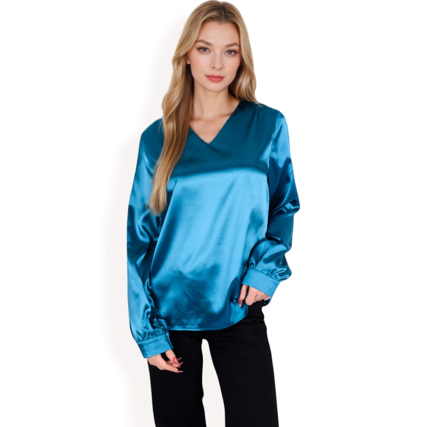 Anna-Kaci Women's Satin Long Sleeve V-Neck Blouse with Cuffed Sleeves