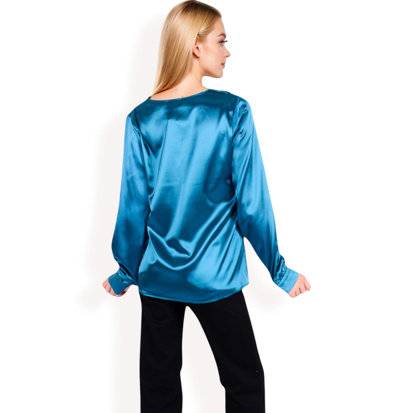 Anna-Kaci Women's Satin Long Sleeve V-Neck Blouse with Cuffed Sleeves