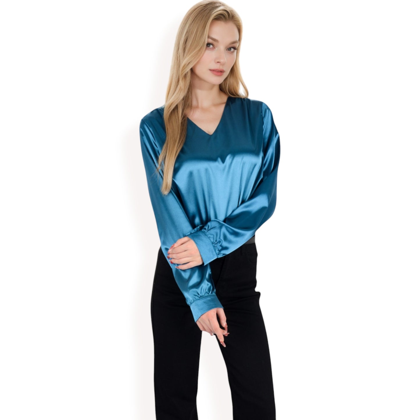 Anna-Kaci Women's Satin Long Sleeve V-Neck Blouse with Cuffed Sleeves
