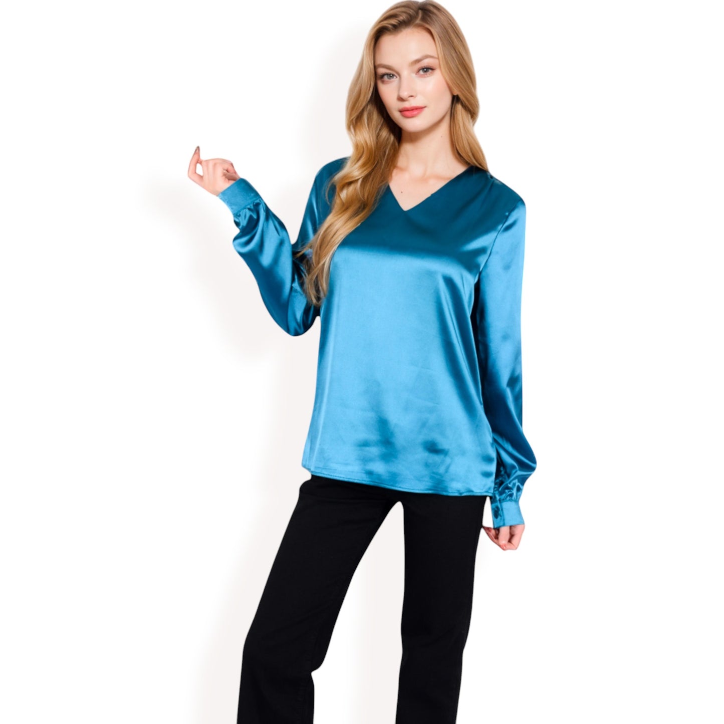 Anna-Kaci Women's Satin Long Sleeve V-Neck Blouse with Cuffed Sleeves
