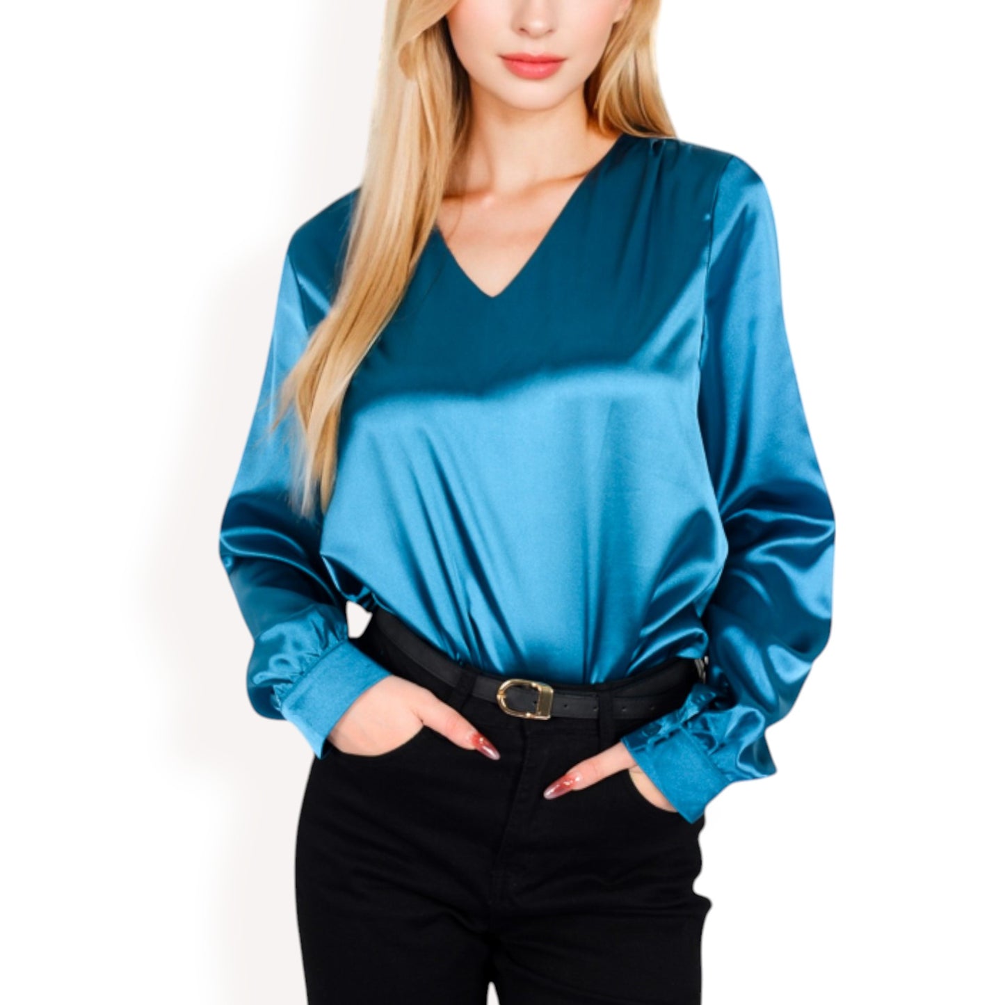 Anna-Kaci Women's Satin Long Sleeve V-Neck Blouse with Cuffed Sleeves