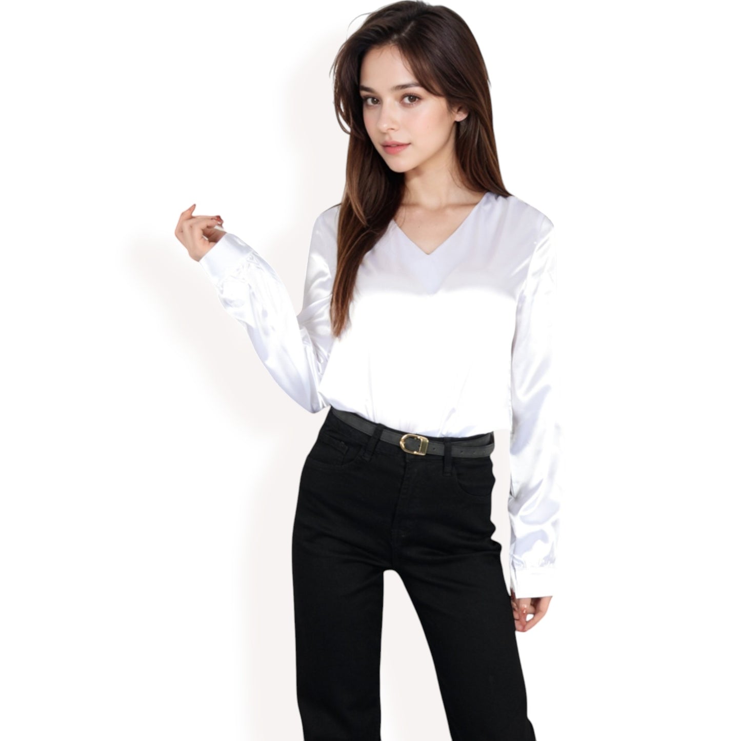 Anna-Kaci Women's Satin Long Sleeve V-Neck Blouse with Cuffed Sleeves