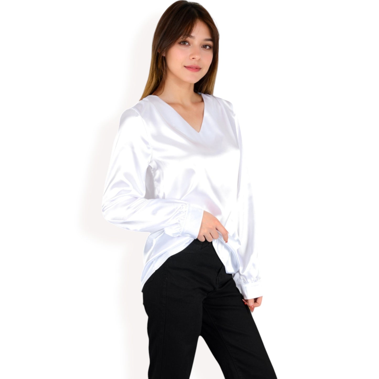 Anna-Kaci Women's Satin Long Sleeve V-Neck Blouse with Cuffed Sleeves