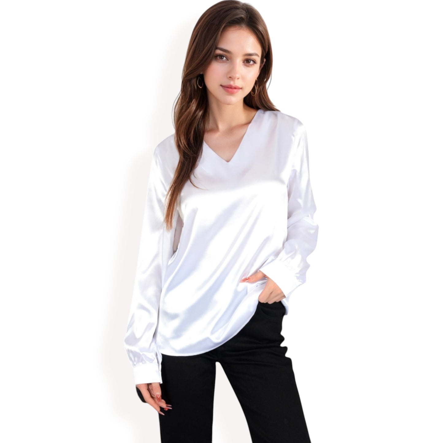 Anna-Kaci Women's Satin Long Sleeve V-Neck Blouse with Cuffed Sleeves