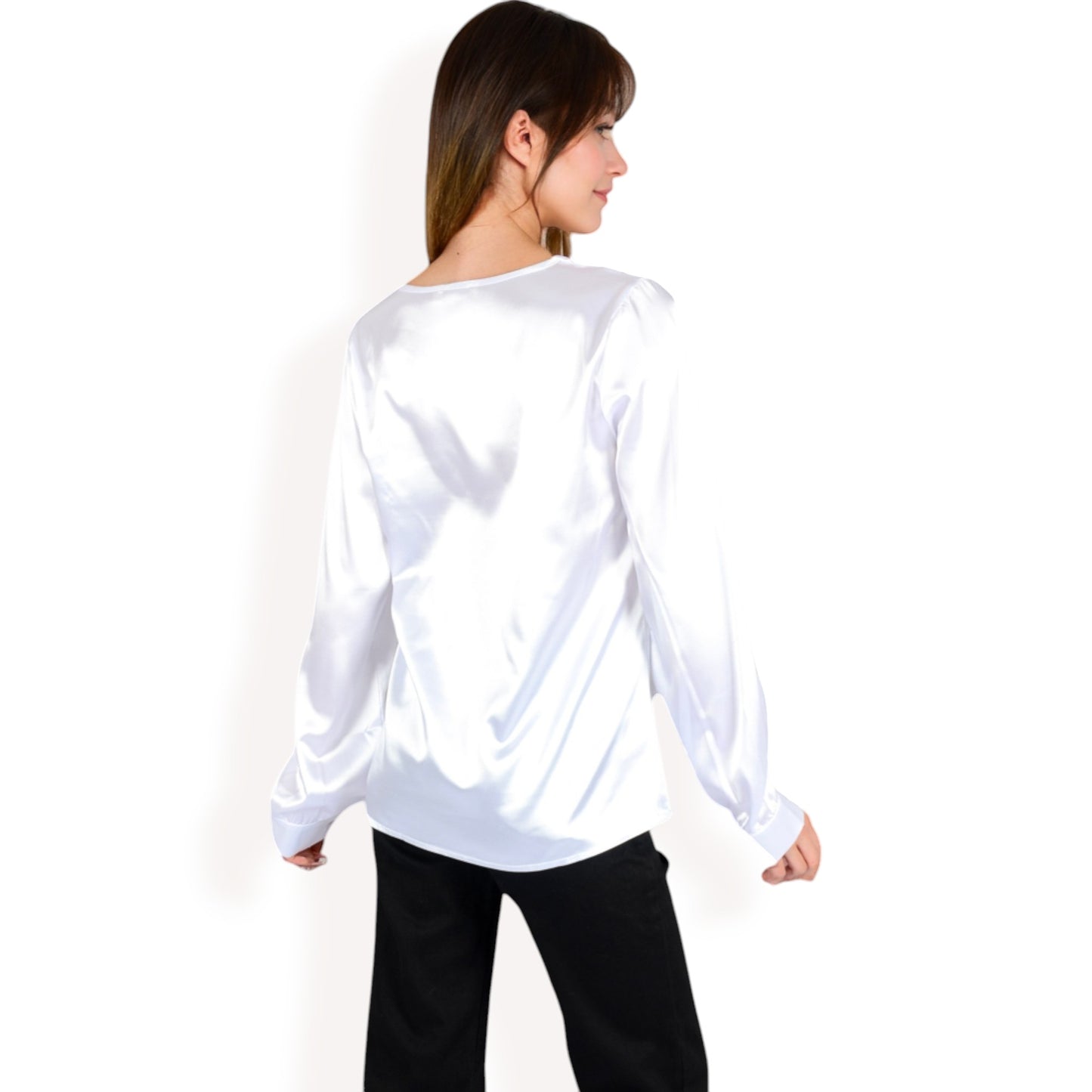 Anna-Kaci Women's Satin Long Sleeve V-Neck Blouse with Cuffed Sleeves