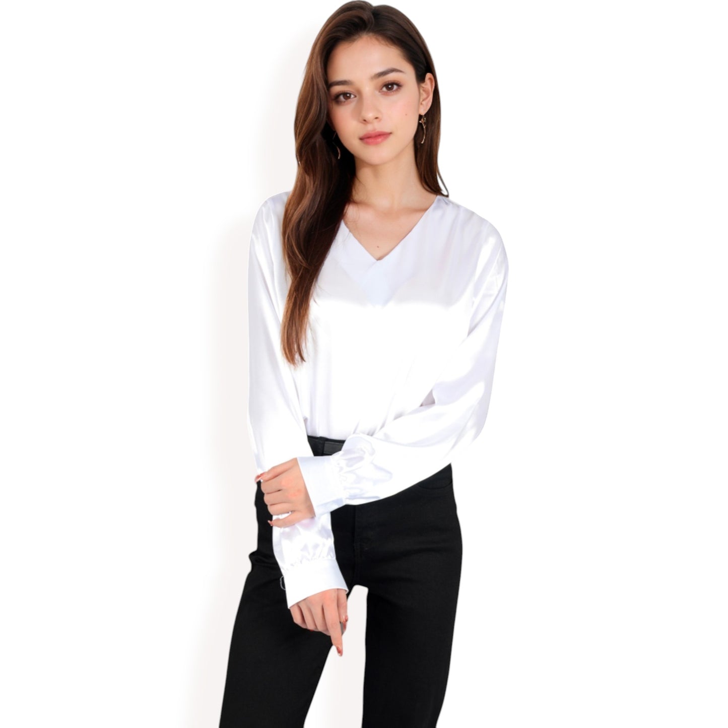 Anna-Kaci Women's Satin Long Sleeve V-Neck Blouse with Cuffed Sleeves