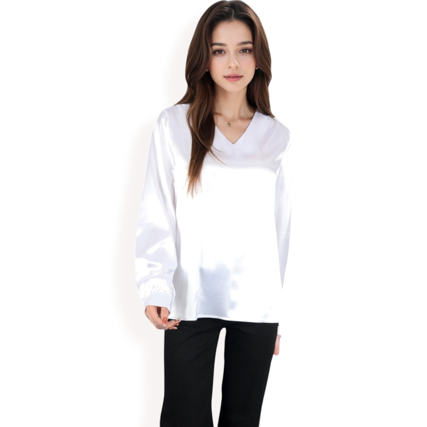 Anna-Kaci Women's Satin Long Sleeve V-Neck Blouse with Cuffed Sleeves