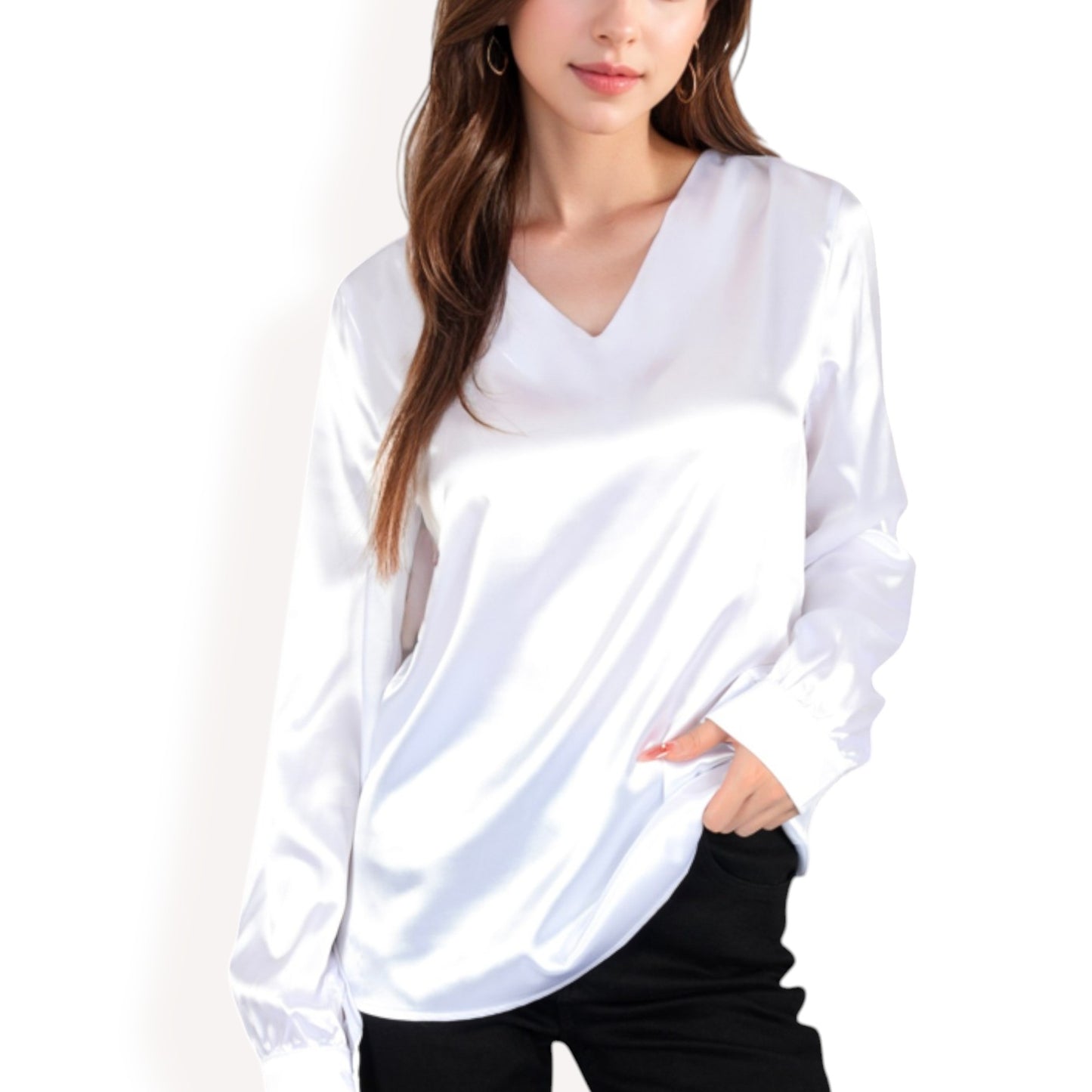 Anna-Kaci Women's Satin Long Sleeve V-Neck Blouse with Cuffed Sleeves
