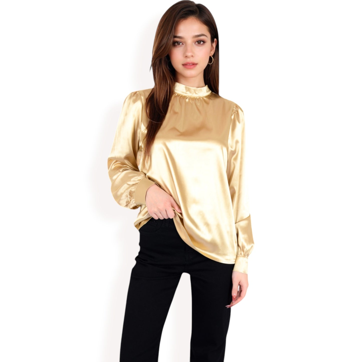 Anna-Kaci Women's Satin Long Sleeve Blouse with High Neck and Puff Sleeves