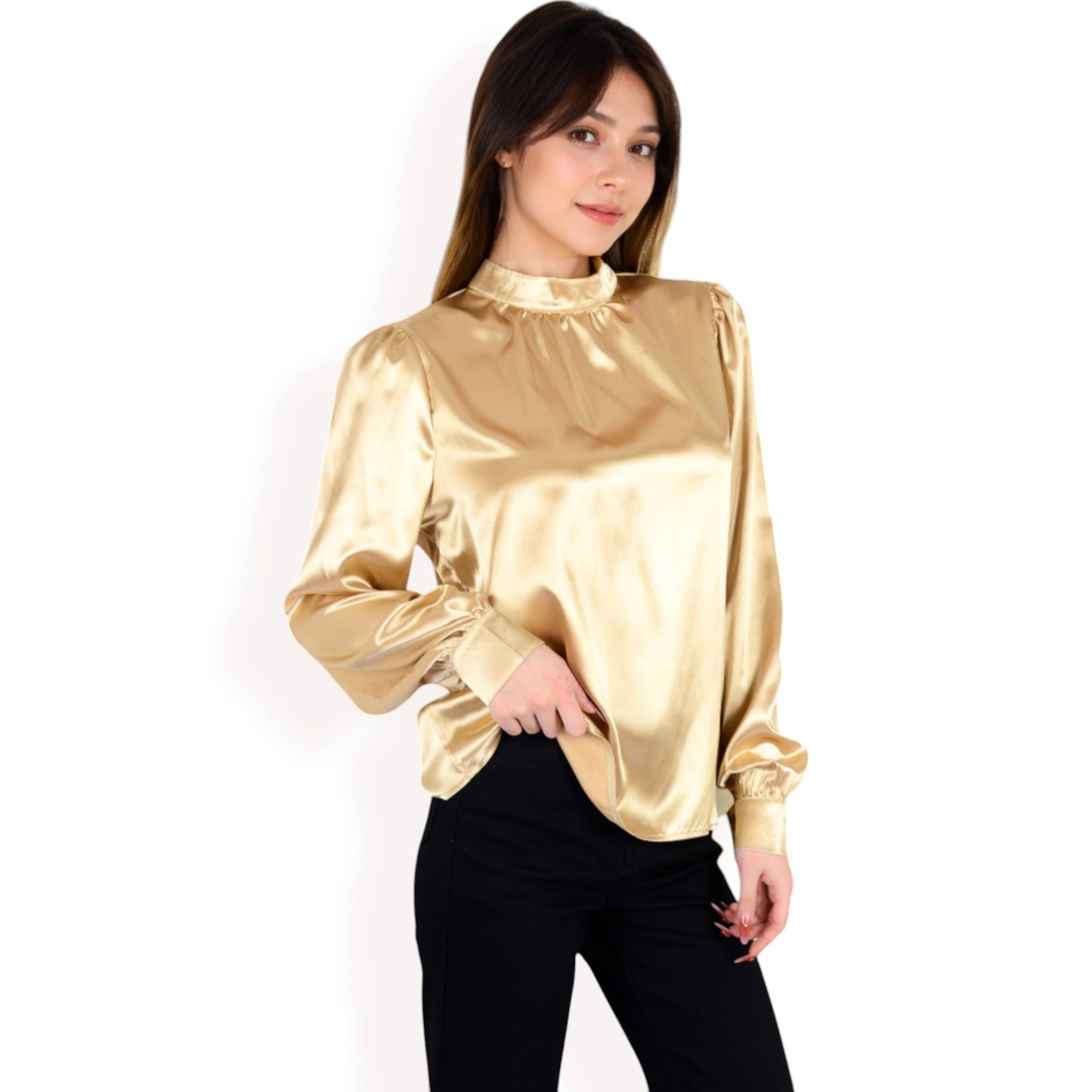 Anna-Kaci Women's Satin Long Sleeve Blouse with High Neck and Puff Sleeves