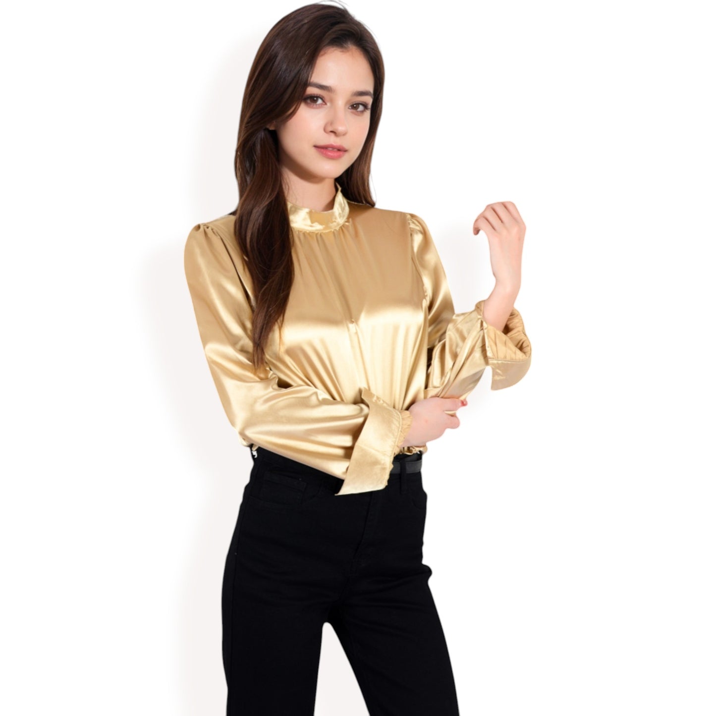 Anna-Kaci Women's Satin Long Sleeve Blouse with High Neck and Puff Sleeves