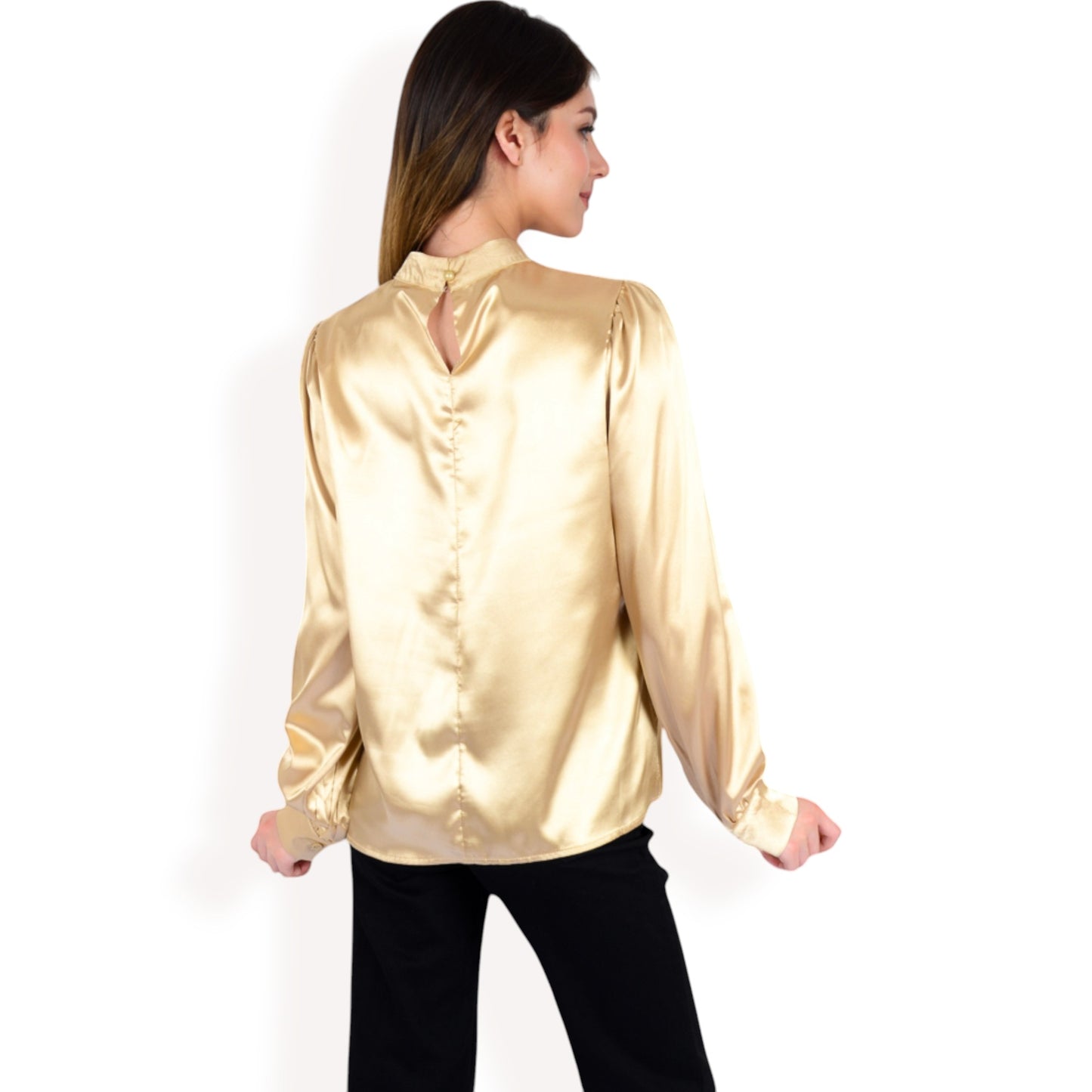 Anna-Kaci Women's Satin Long Sleeve Blouse with High Neck and Puff Sleeves