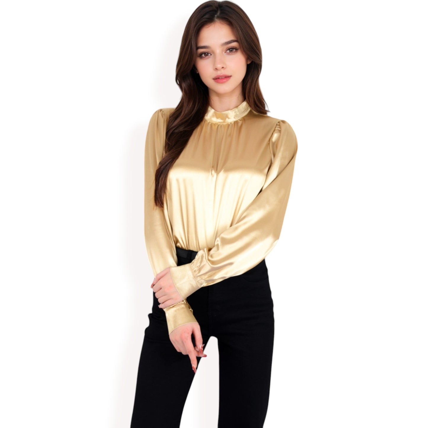 Anna-Kaci Women's Satin Long Sleeve Blouse with High Neck and Puff Sleeves
