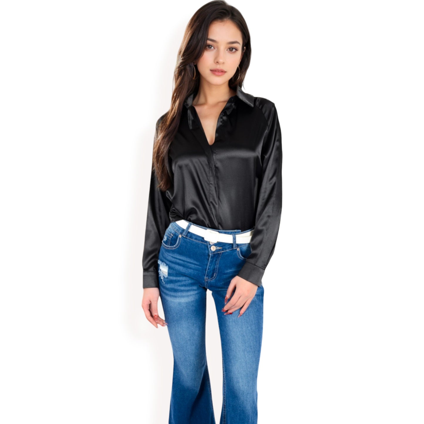 Anna-Kaci Women's Satin Pullover Top with Point Collar and Long Sleeves