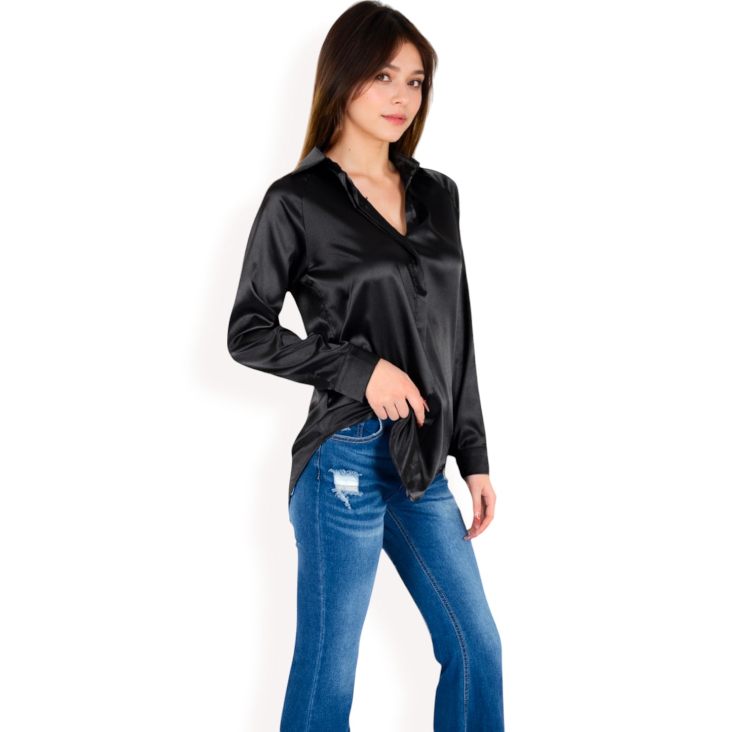 Anna-Kaci Women's Satin Pullover Top with Point Collar and Long Sleeves