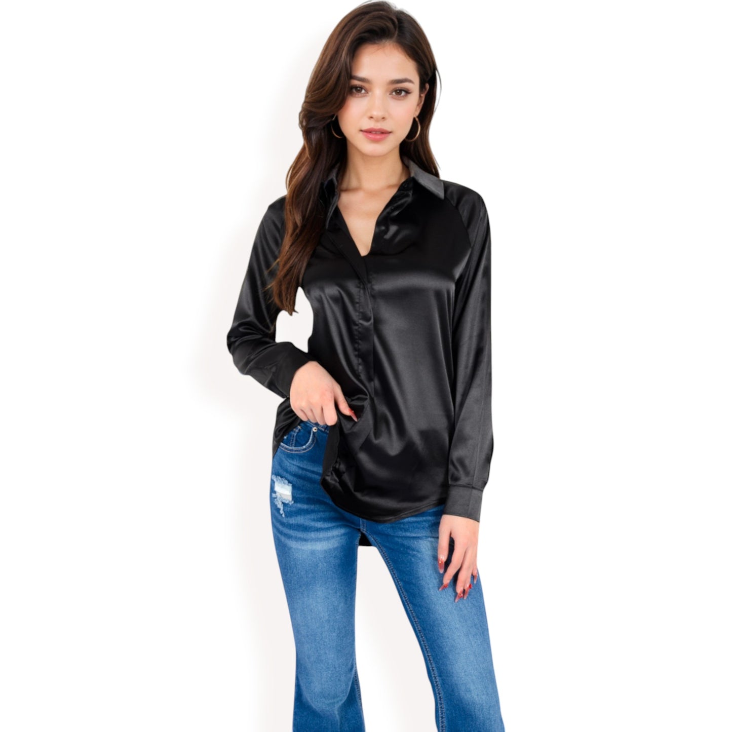 Anna-Kaci Women's Satin Pullover Top with Point Collar and Long Sleeves