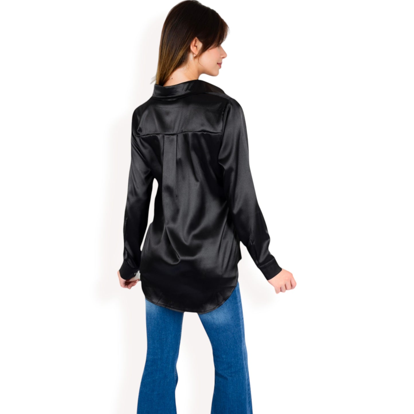 Anna-Kaci Women's Satin Pullover Top with Point Collar and Long Sleeves