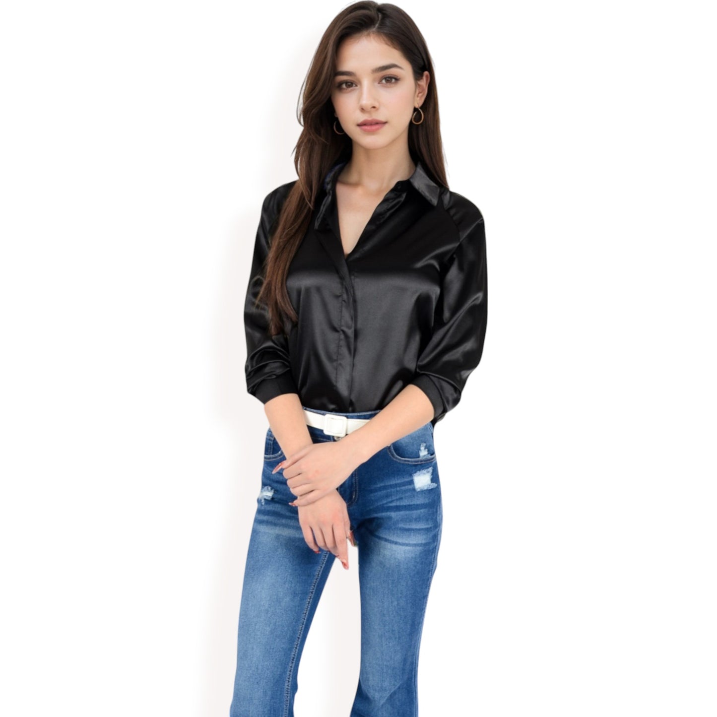 Anna-Kaci Women's Satin Pullover Top with Point Collar and Long Sleeves