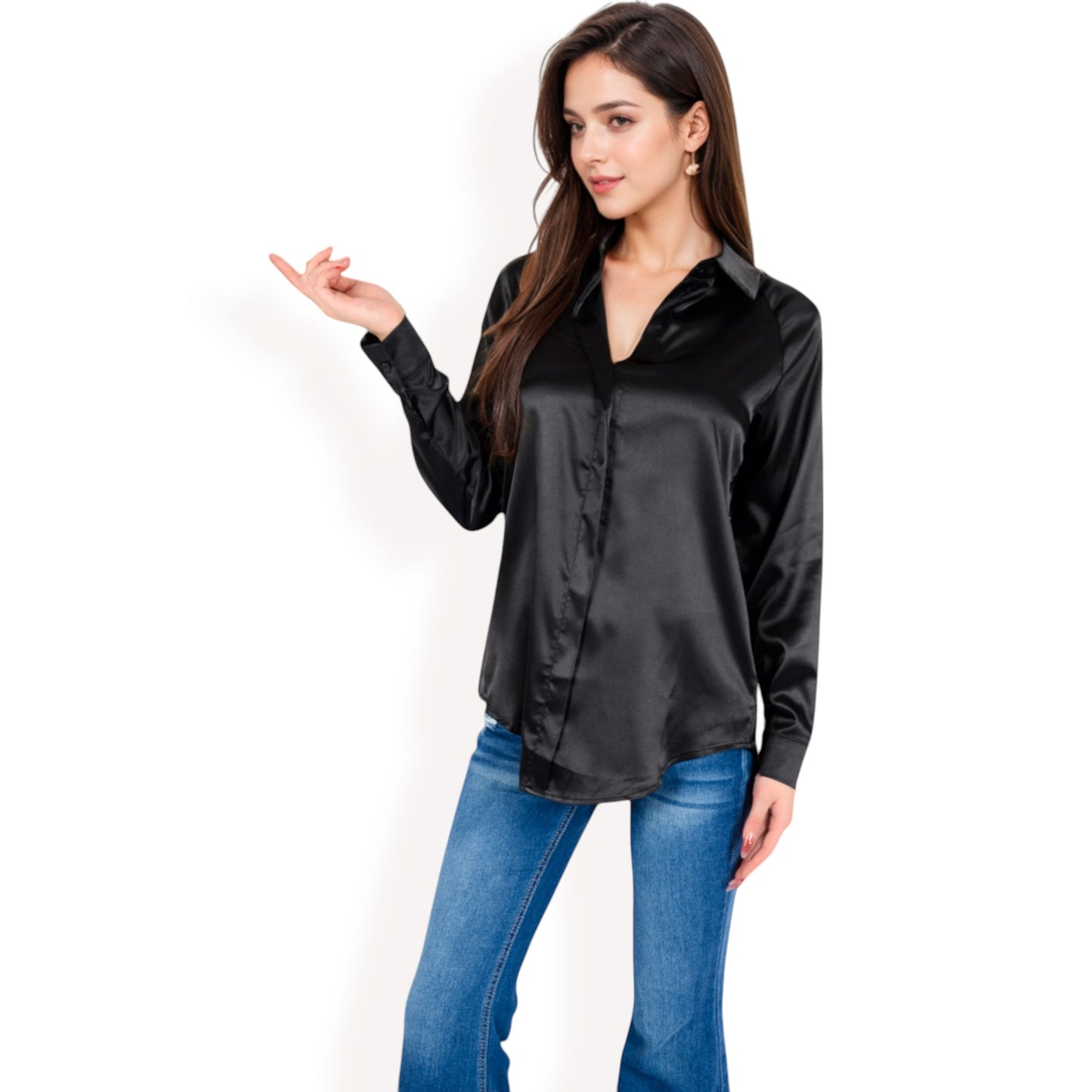Anna-Kaci Women's Satin Pullover Top with Point Collar and Long Sleeves