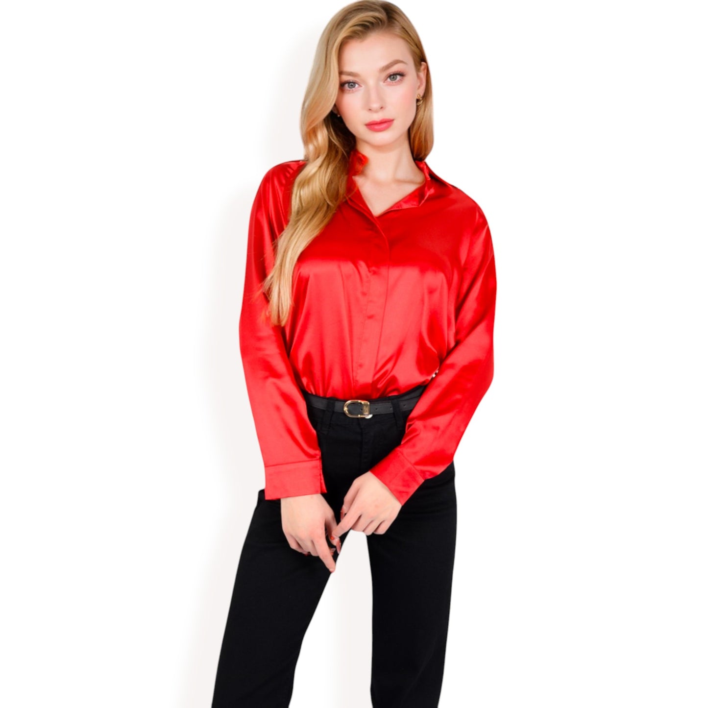 Anna-Kaci Women's Satin Pullover Top with Point Collar and Long Sleeves
