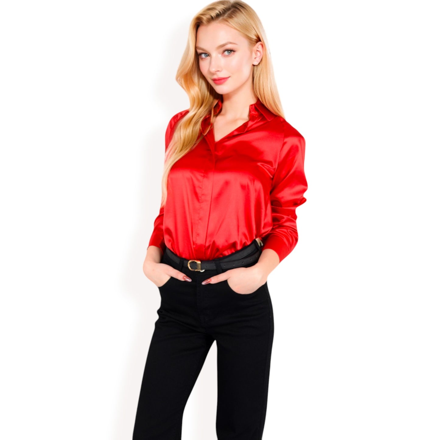 Anna-Kaci Women's Satin Pullover Top with Point Collar and Long Sleeves