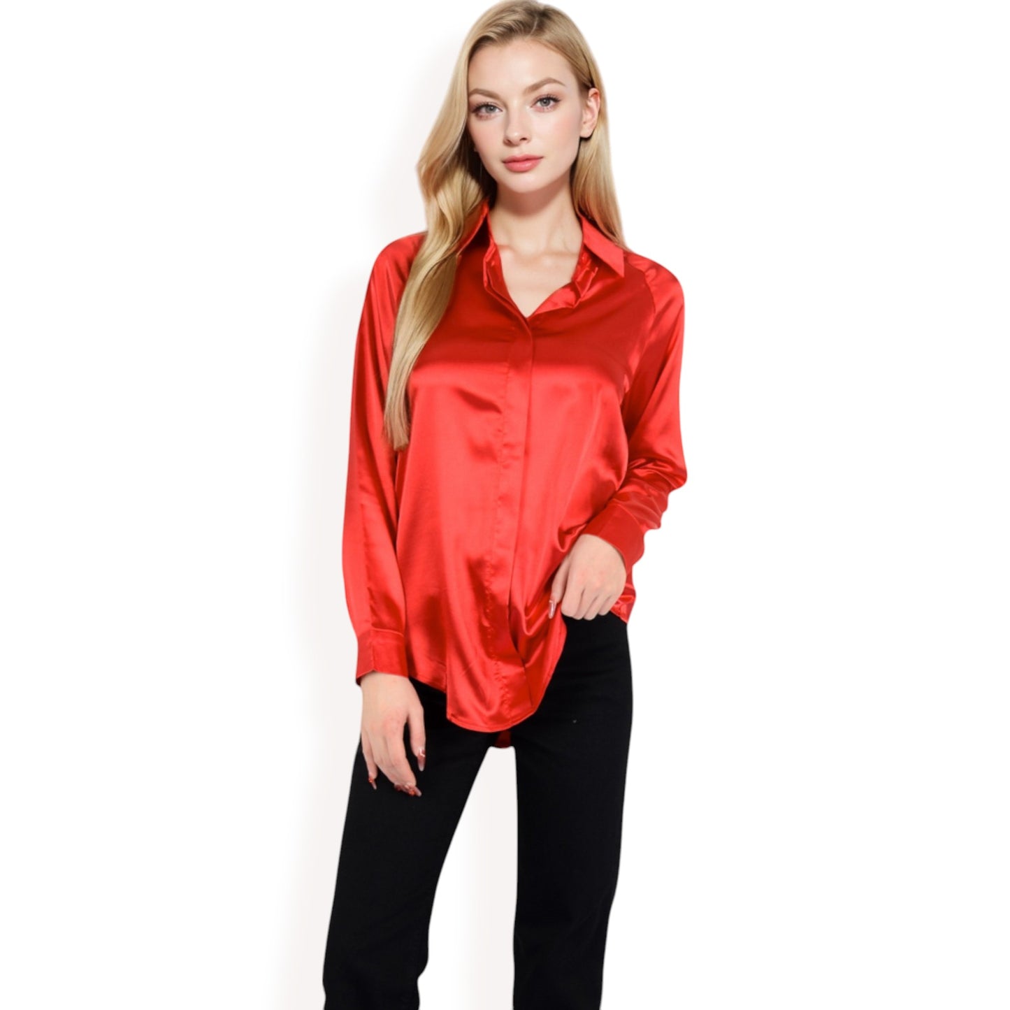 Anna-Kaci Women's Satin Pullover Top with Point Collar and Long Sleeves
