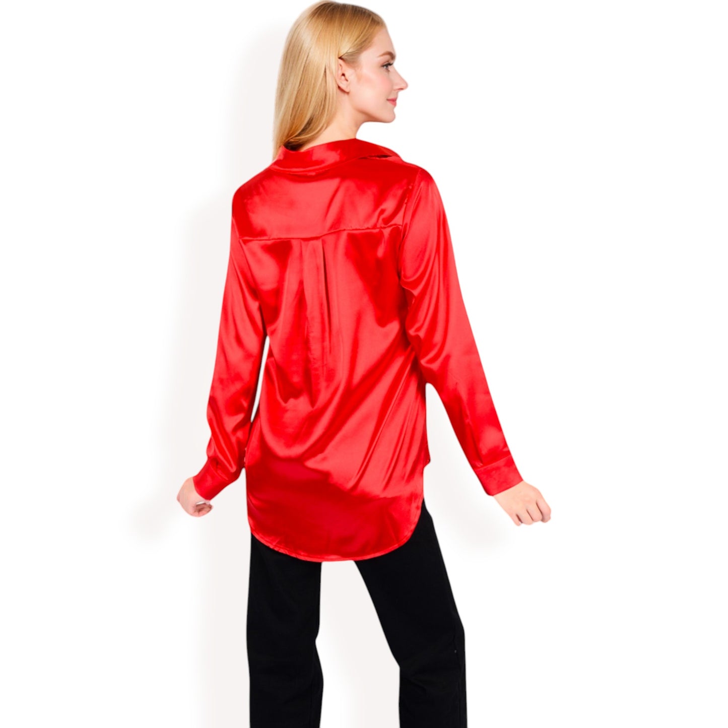 Anna-Kaci Women's Satin Pullover Top with Point Collar and Long Sleeves