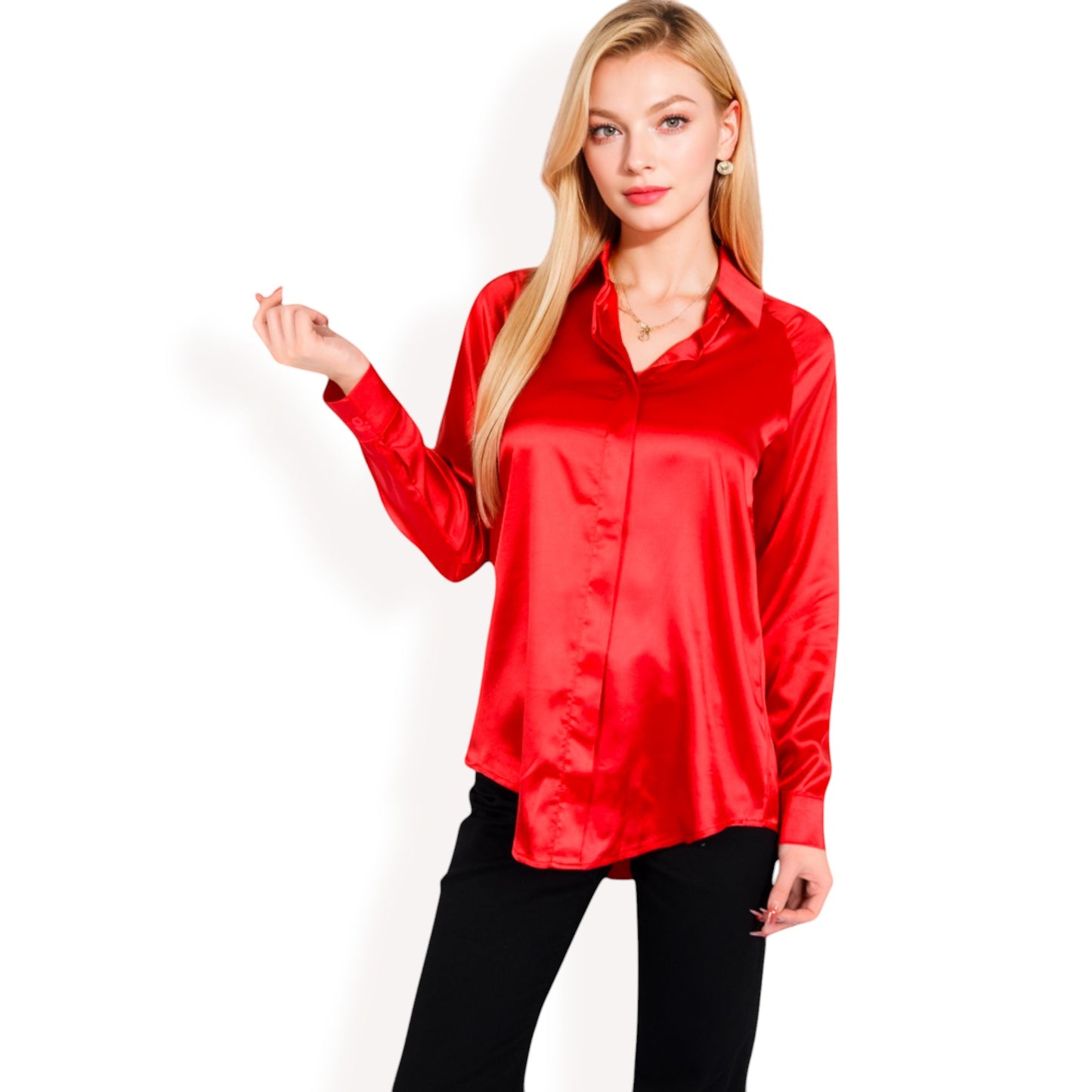 Anna-Kaci Women's Satin Pullover Top with Point Collar and Long Sleeves