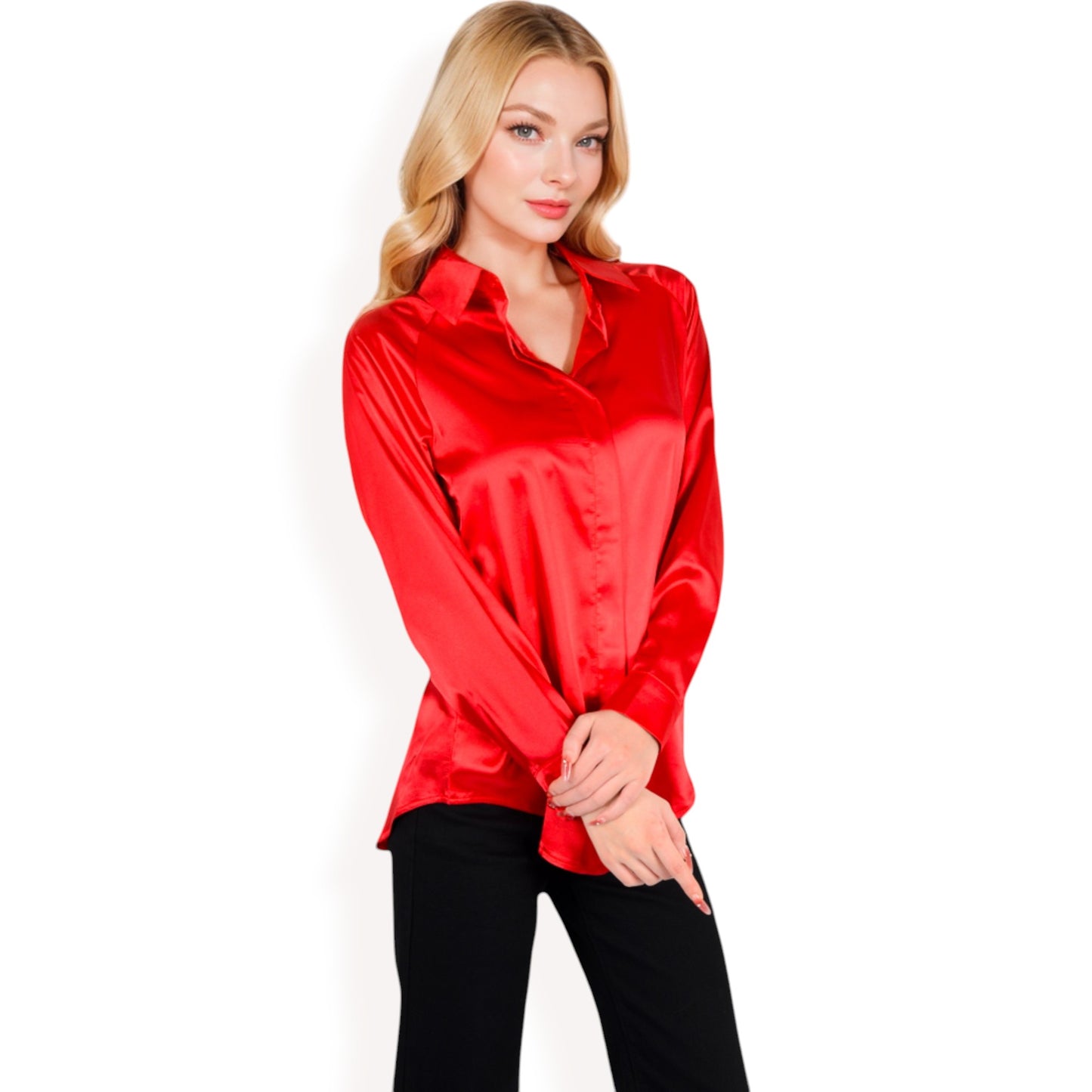 Anna-Kaci Women's Satin Pullover Top with Point Collar and Long Sleeves